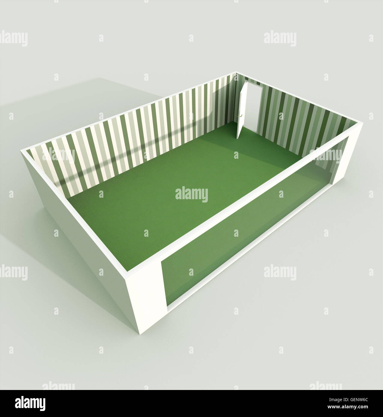 3D Interni rendering vista prospettica della stanza vuota appartamento verde con materiale di pavimento e carta da parati a strisce Foto Stock