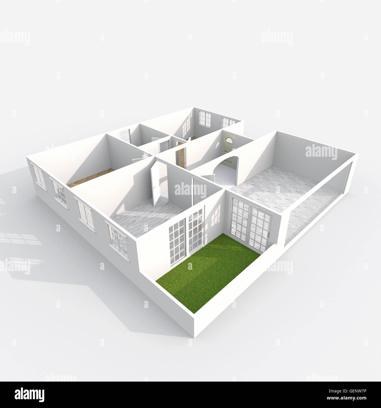 3D Interni rendering vista prospettica del vuoto modello di carta home appartamento con balcone Foto Stock