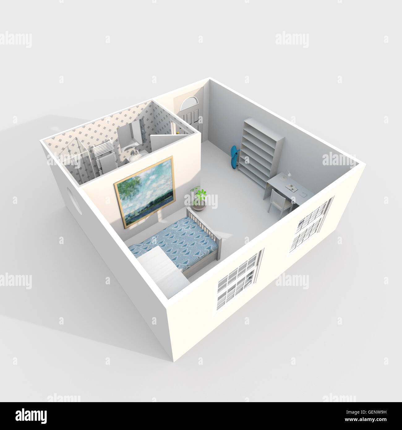 3D Interni rendering vista prospettica di hotel arredato appartamento camera Foto Stock