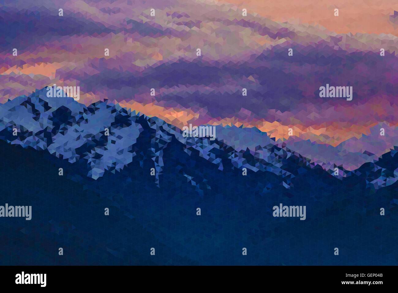 Vettore bassa astratta poli sfondo triangolare, suggestive montagne al tramonto. Illustrazione Vettoriale