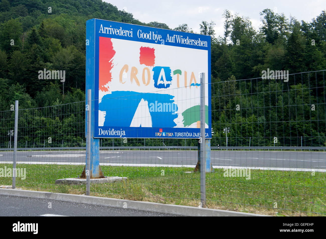 Macelj/Gruskovje border crossing Croazia - Slovenia, HR-SLO, Arrivederci, Good Bye, Auf Wiedersehen, Dovidenj Foto Stock