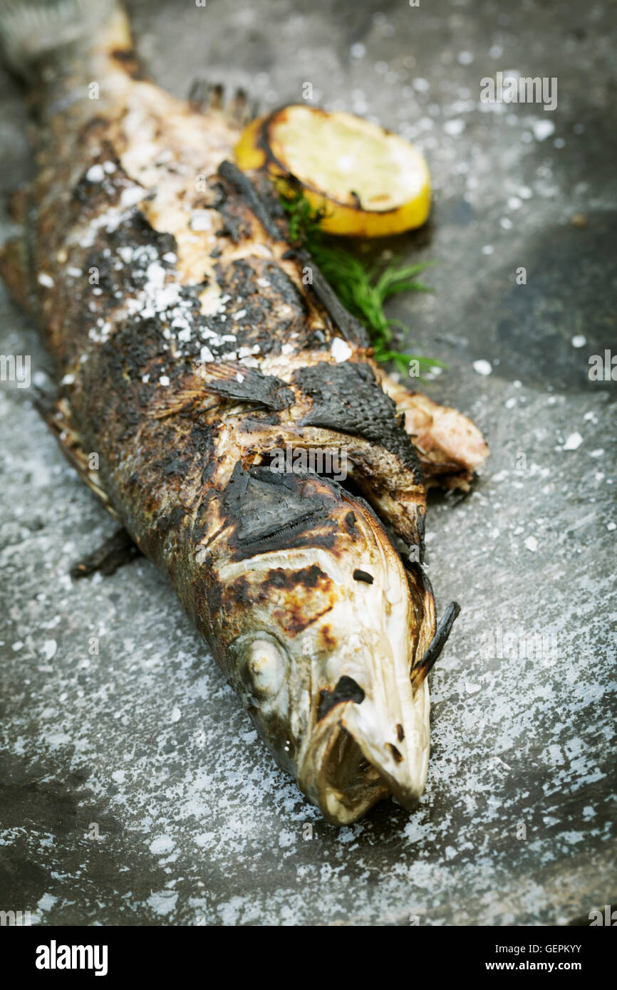 Elevato angolo di visione di un pesce alla griglia con limone e erbe aromatiche. Foto Stock