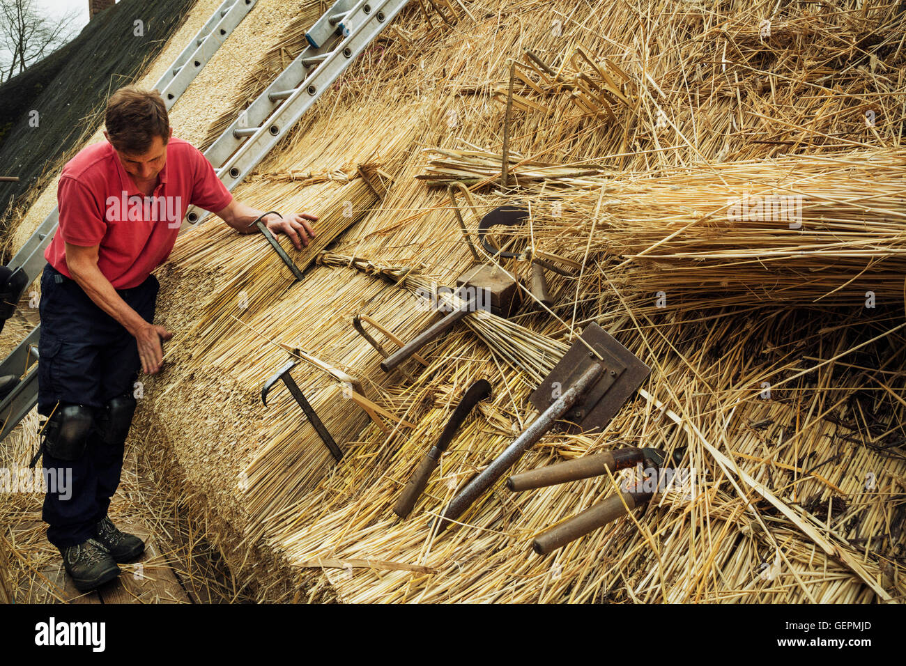 L'uomo ricoprendo di paglia un tetto, ricoprendo di paglia degli strumenti, inclusi un mazzuolo di legno, cesoie, un leggett e ganci. Foto Stock