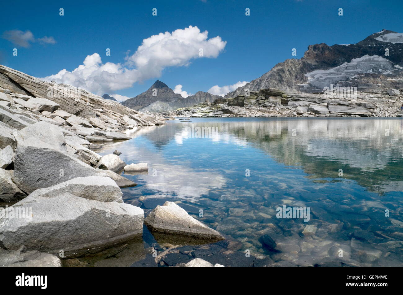 Geografia / viaggi, Austria, Salisburgo, Eissee vicino Weisssee, f.l.t.r.: Kitzsteinhorn, Grosser Hocheiser, Kleiner Hocheiser, Rifflkarkopf, Totenkopf, Glockner Gruppo, parco nazionale "Hohe Tauern', Salzburg County, Foto Stock