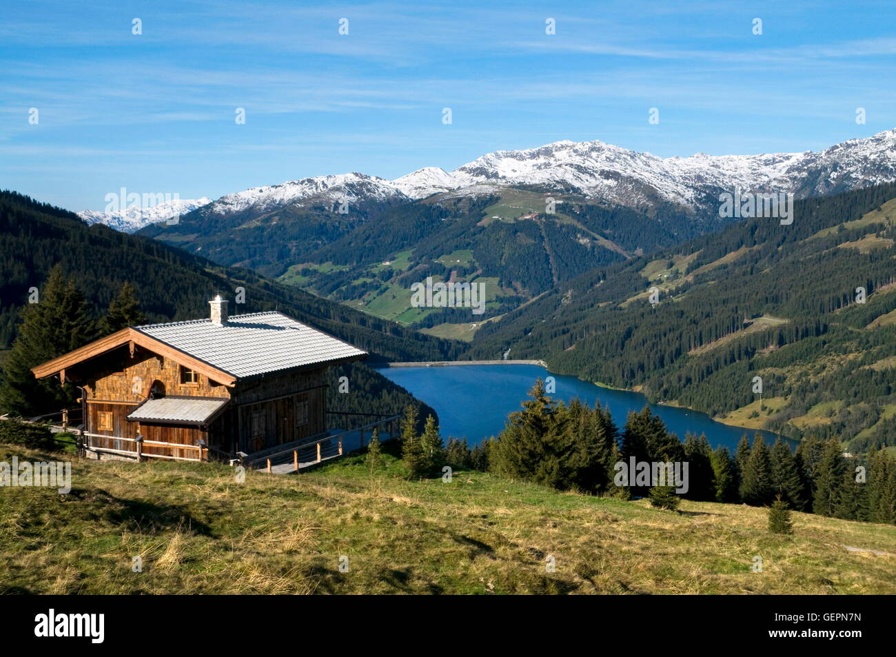 Geografia / viaggi, Austria, Salisburgo, Durlasboden, Speichersee (invasata serbatoio), Gerlosplatte, Torhelm, Isskogel, Alpi della Zillertal, Foto Stock