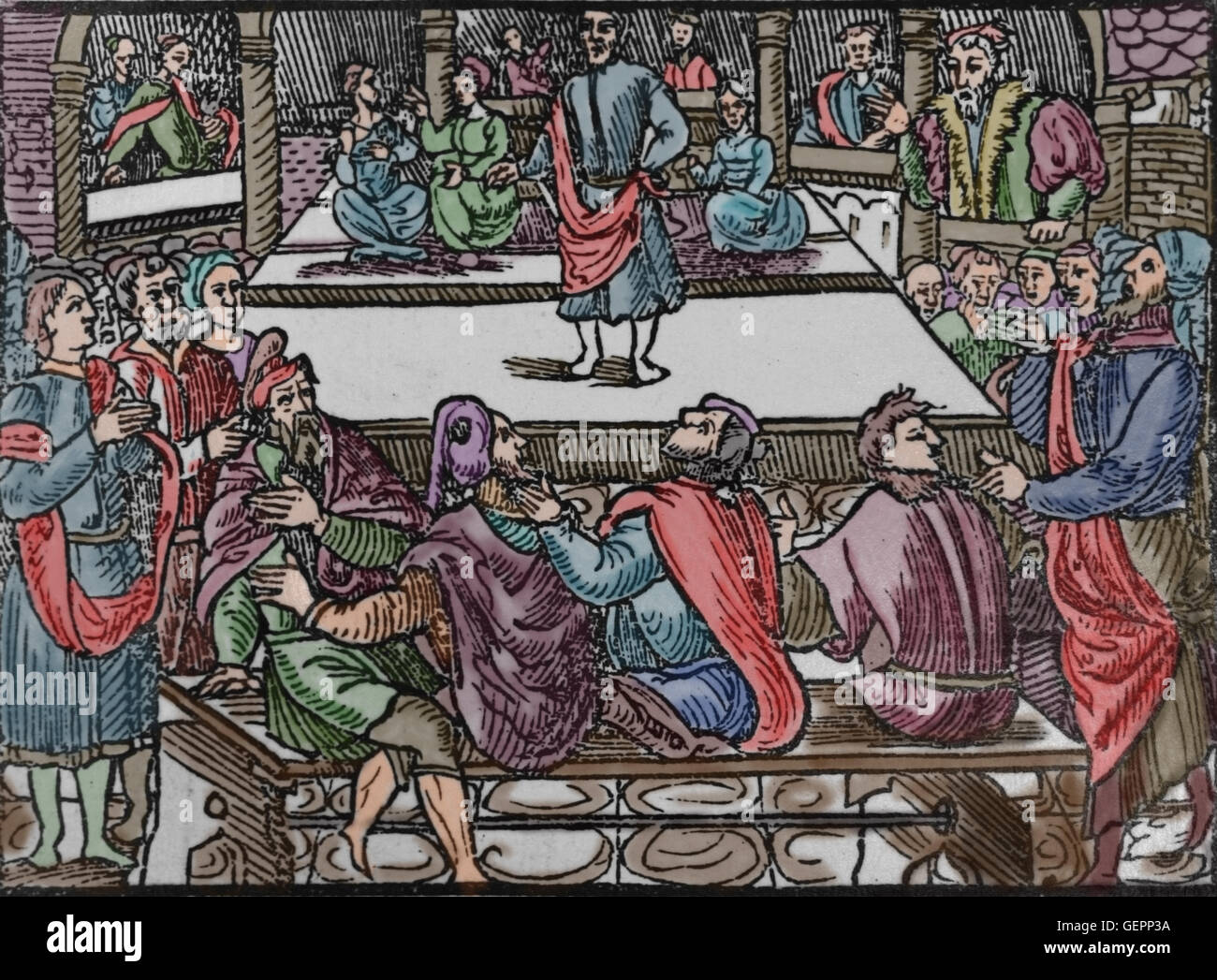 Letteratura latina. Spettacolo teatrale in Francia (XVI secolo) imitando tempi classici. Incisione colorata. Foto Stock