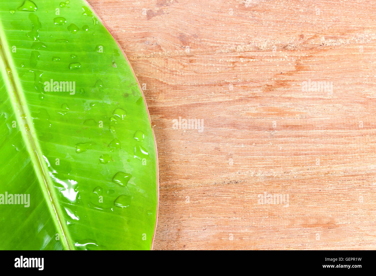 Banana Leaf green color fresco su sfondo di legno Foto Stock