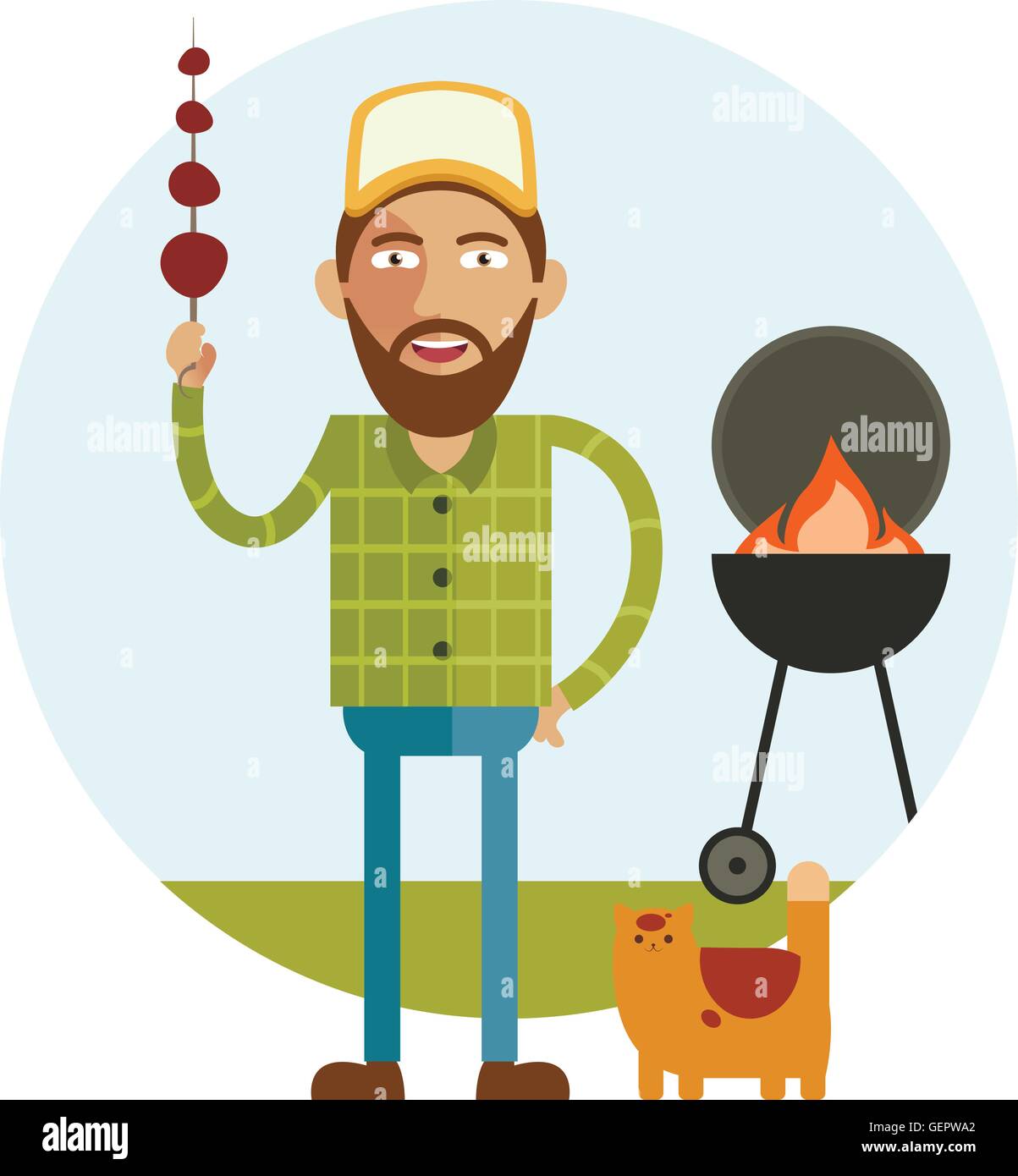 Barbecue e uomo con cat Illustrazione Vettoriale