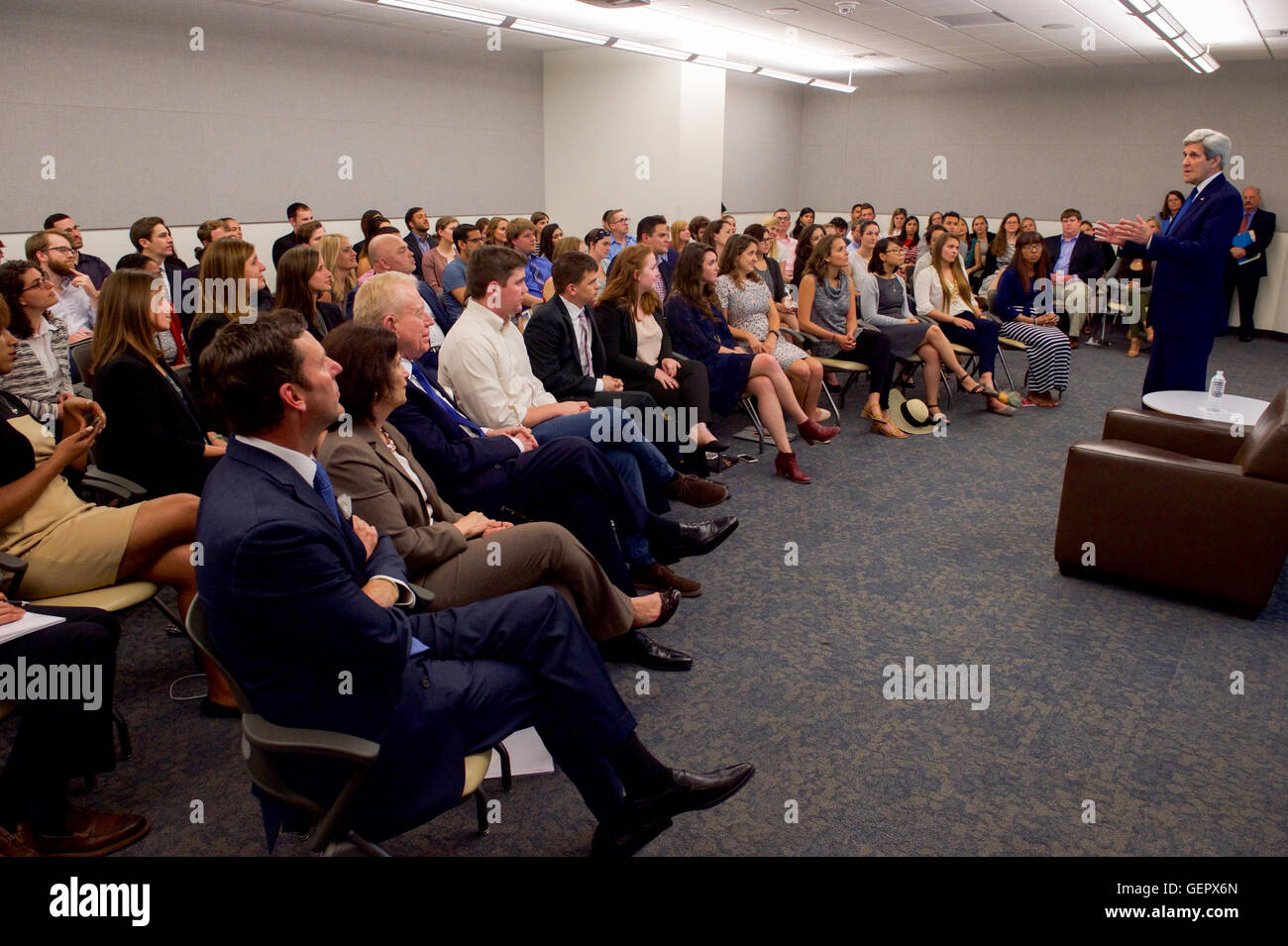 Segretario Kerry parla con gli studenti alla LBJ School of Public Affairs presso la University of Texas di Austin Foto Stock