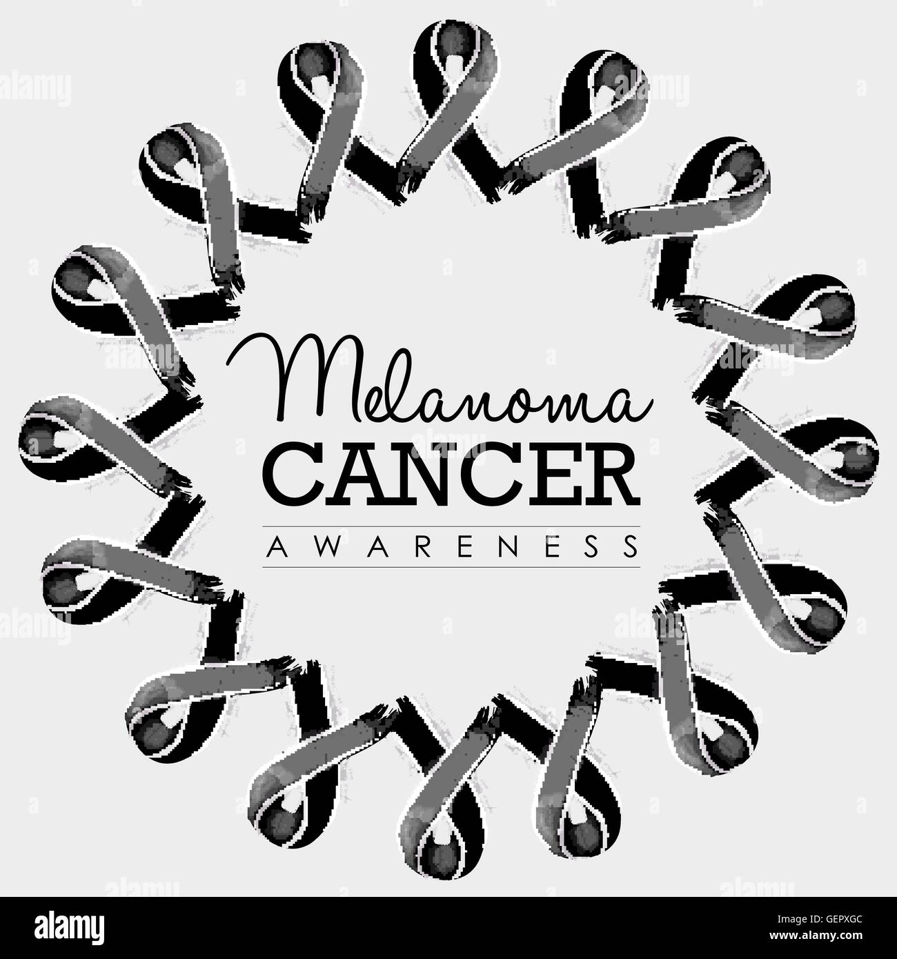 Il melanoma cancro consapevolezza design tipografia con mandala fatto di mano nera tracciata nastri. EPS10 vettore. Illustrazione Vettoriale
