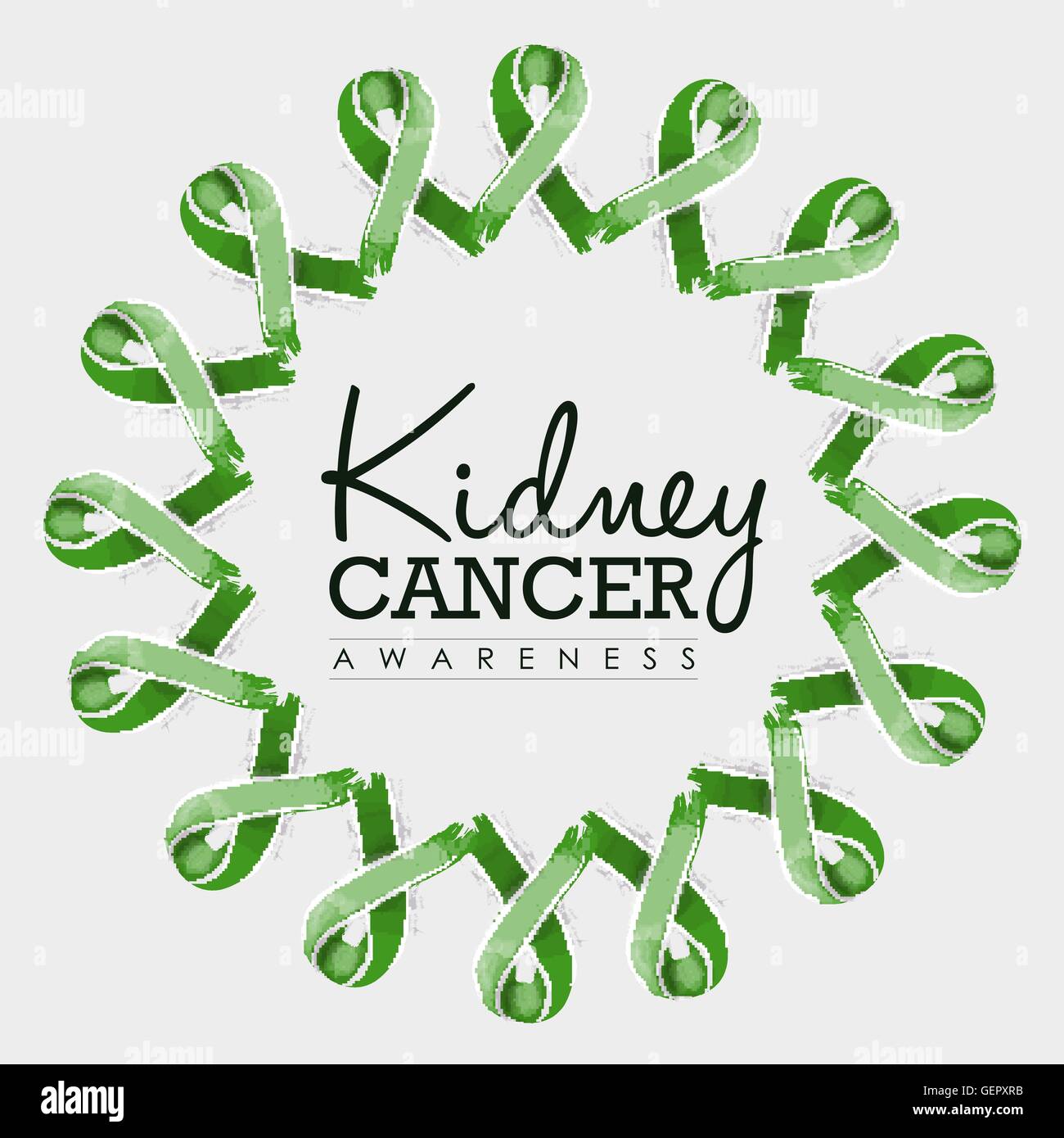 Il cancro del rene consapevolezza design tipografia con mandala fatto di verde disegnata a mano nastri. EPS10 vettore. Illustrazione Vettoriale