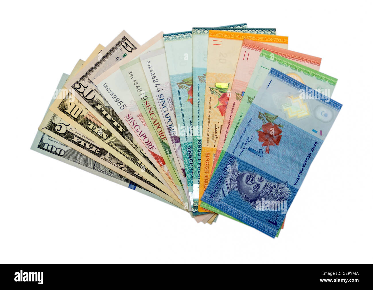 Valute internazionali noi dollers, Singapore dollers, ringgit della Malaysia Foto Stock