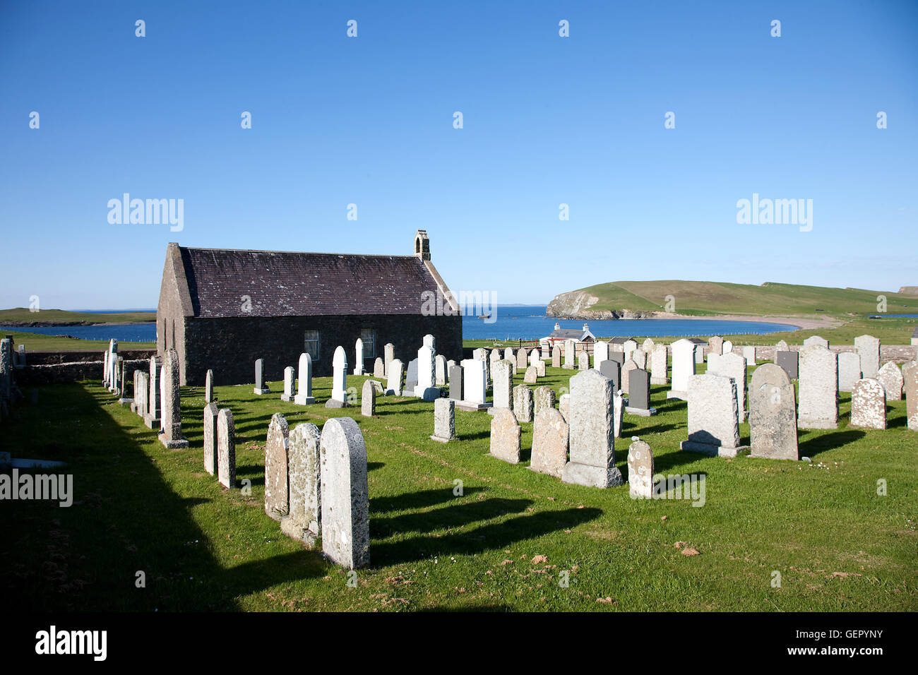 Melby chiesa e cimitero, Continentale, le isole Shetland, Scotland, Regno Unito Foto Stock