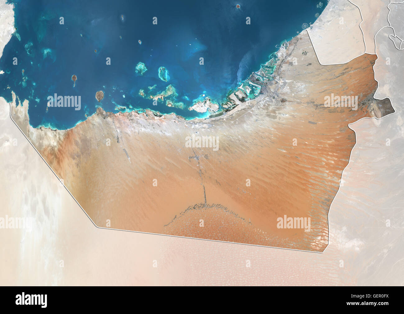 Vista satellitare dell'Emirato di Abu Dhabi, Emirati arabi uniti (con confini tra paesi e maschera). Questa immagine è stata elaborata sulla base dei dati acquisiti dal satellite Landsat 8 satellite in 2014. Foto Stock