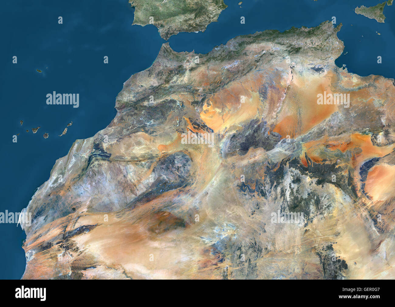 Vista satellitare di Algeria, Marocco e Tunisia. Questa immagine è stata elaborata sulla base dei dati acquisiti nel 2014 dal satellite Landsat 8 satellite. Foto Stock