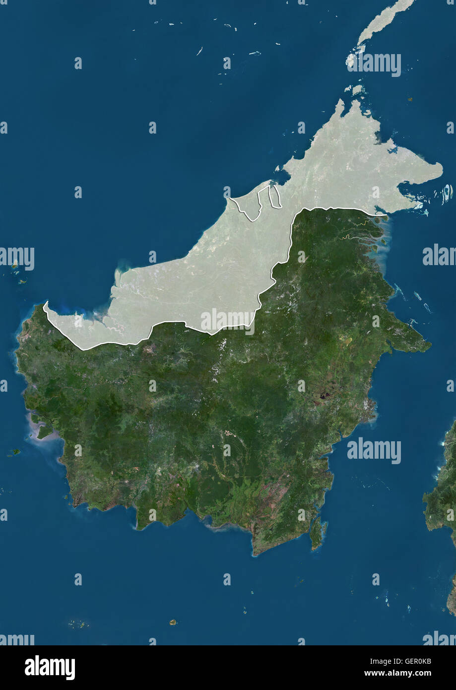 Vista satellitare di Kalimantan, la parte indonesiana dell' isola Borneo (con i confini amministrativi e maschera). Questa immagine è stata elaborata sulla base dei dati acquisiti dai satelliti Landsat. Foto Stock