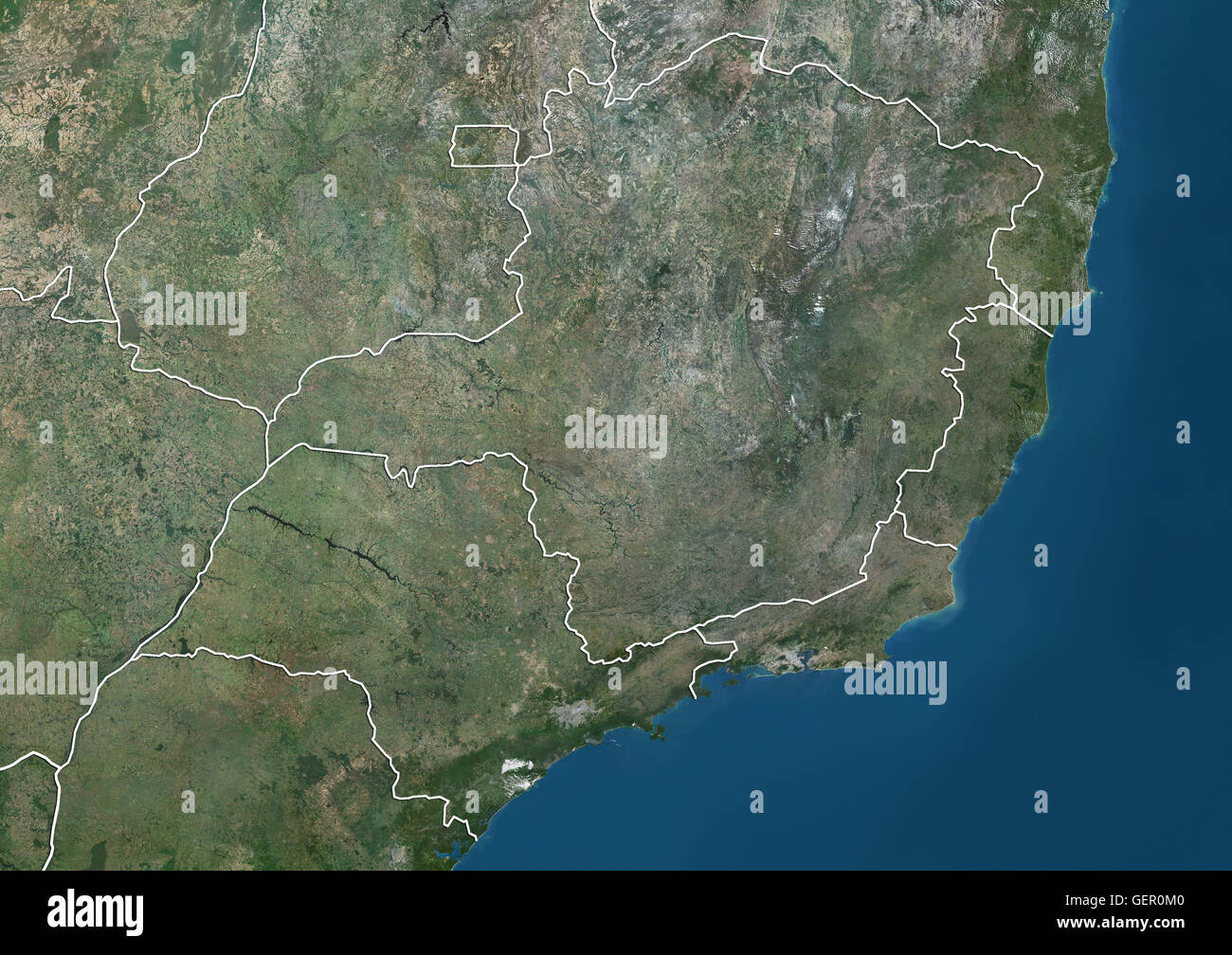 Vista satellitare della regione sud-est del Brasile (con i confini amministrativi). Essa è composta dagli stati di Espirito Santo, Minas Gerais, Rio de Janeiro e Sao Paulo. Il distretto federale con la città capitale Brasilia è al centro. Questa immagine è stata Foto Stock