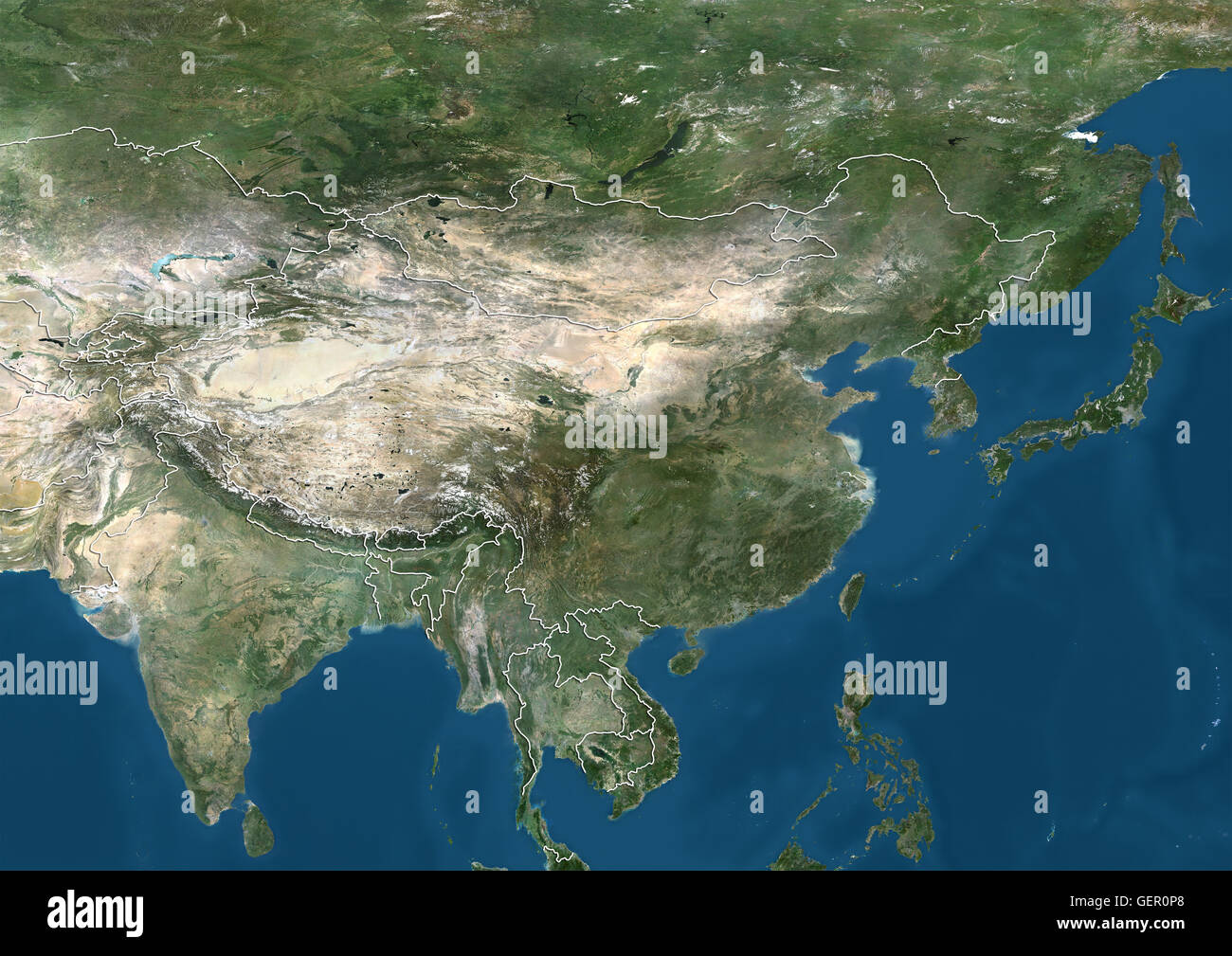 Vista satellitare dell Asia orientale e nel subcontinente indiano (con i confini del paese). Questa immagine è stata elaborata sulla base dei dati acquisiti dai satelliti Landsat. Foto Stock