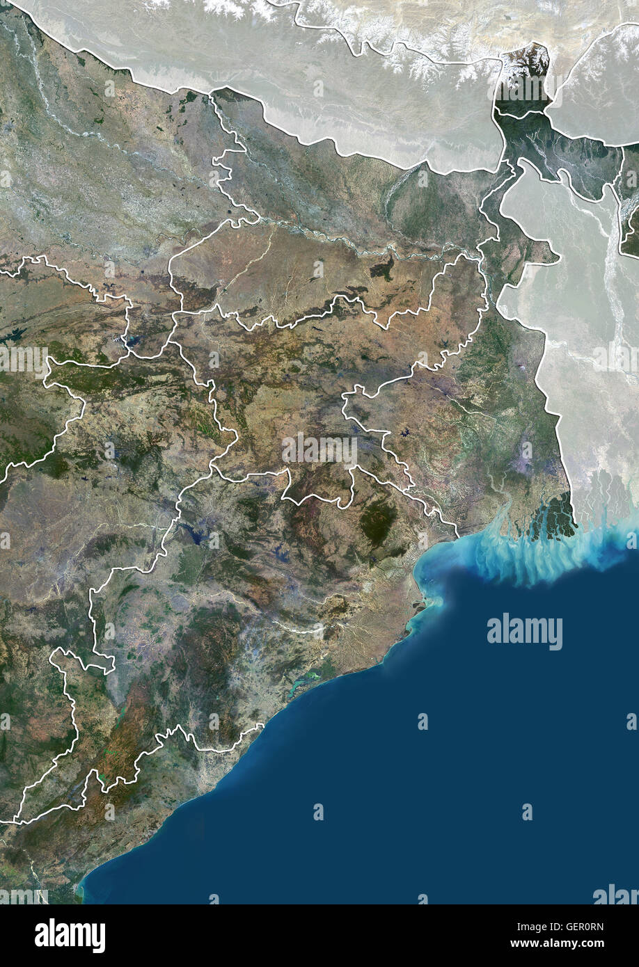 Vista satellitare di East India (con confini tra paesi e maschera). Esso copre il stati indiani del Bihar, nello stato del Jharkhand, Odisha e Bengala Occidentale. Questa immagine è stata elaborata sulla base dei dati acquisiti dal satellite Landsat 8 satellite in 2014. Foto Stock