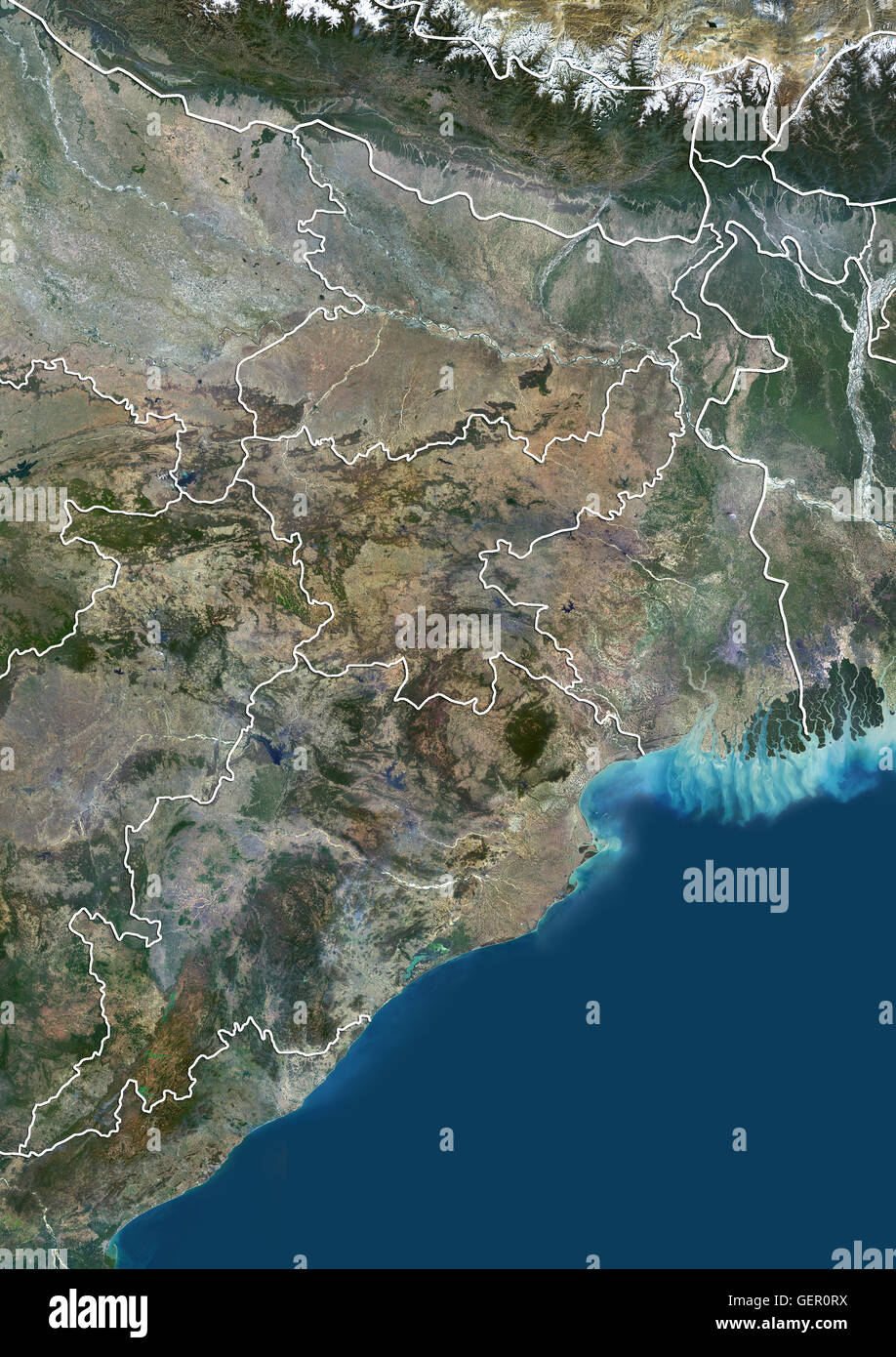 Vista satellitare di East India (con i confini dello stato). Esso copre il stati indiani del Bihar, nello stato del Jharkhand, Odisha e Bengala Occidentale. Questa immagine è stata elaborata sulla base dei dati acquisiti dal satellite Landsat 8 satellite in 2014. Foto Stock