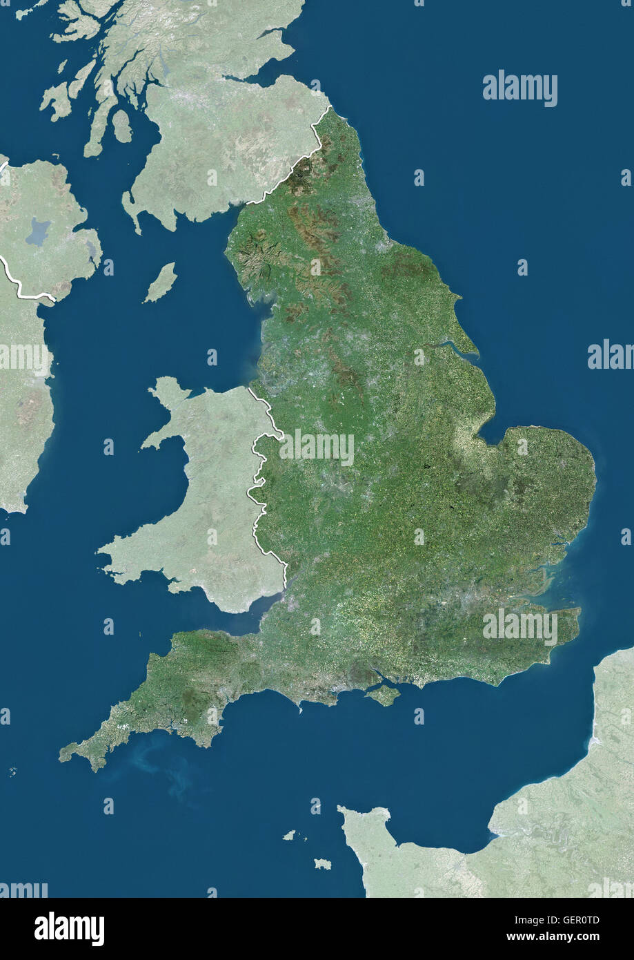 Vista satellitare del Regno Unito (con confini tra paesi e maschera). Questa immagine è stata elaborata sulla base dei dati acquisiti dai satelliti Landsat. Foto Stock