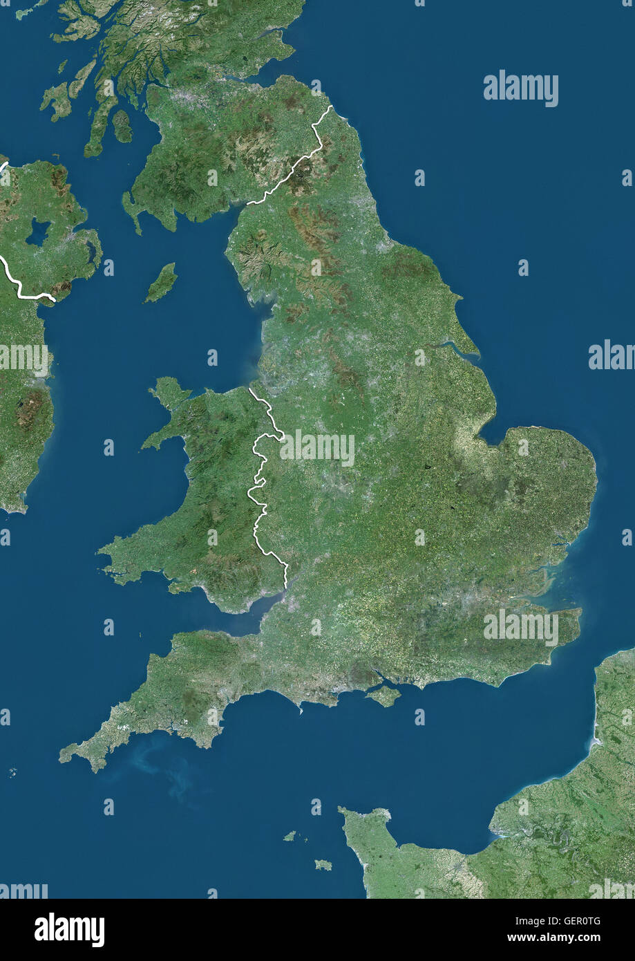 Vista satellitare di Inghilterra e Galles, UK (con i confini del paese). Questa immagine è stata elaborata sulla base dei dati acquisiti dai satelliti Landsat. Foto Stock
