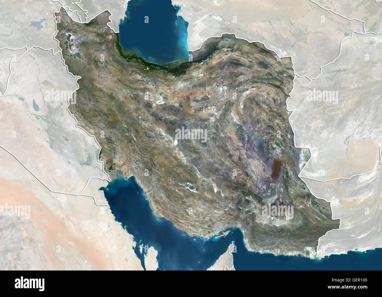 Vista satellitare dell'Iran (con confini tra paesi e maschera). Questa immagine è stata elaborata sulla base dei dati acquisiti dal satellite Landsat 8 satellite in 2014. Foto Stock