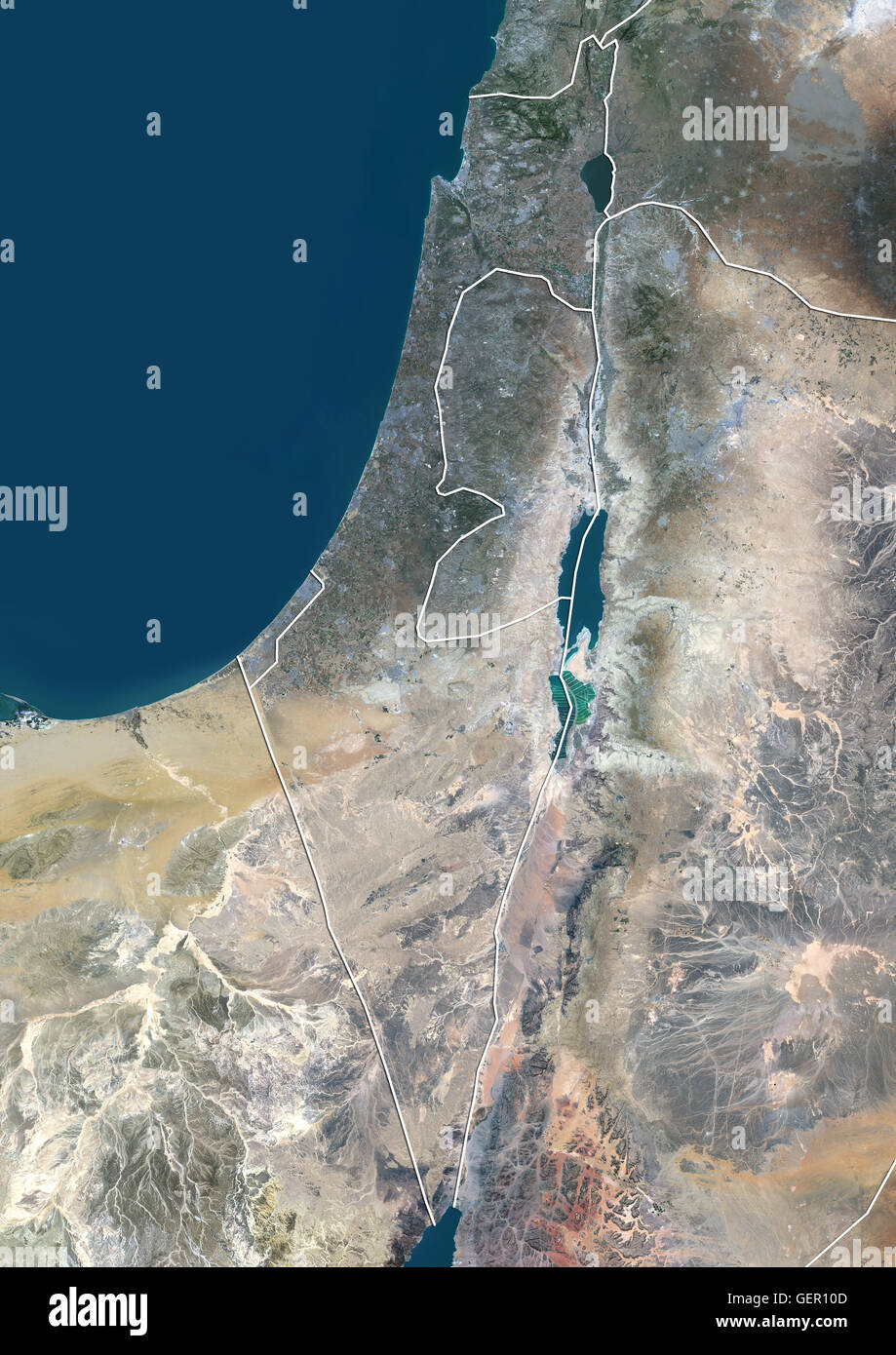 Vista satellitare di Israele (con i confini del paese). Questa immagine è stata elaborata sulla base dei dati acquisiti dal satellite Landsat 8 satellite in 2014. Foto Stock