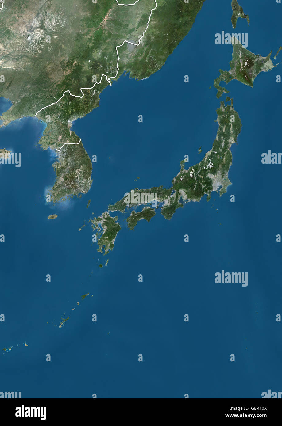 Vista satellitare del Giappone, Corea del Sud e la Corea del Nord (con i confini del paese). Questa immagine è stata elaborata sulla base dei dati acquisiti dai satelliti Landsat. Foto Stock