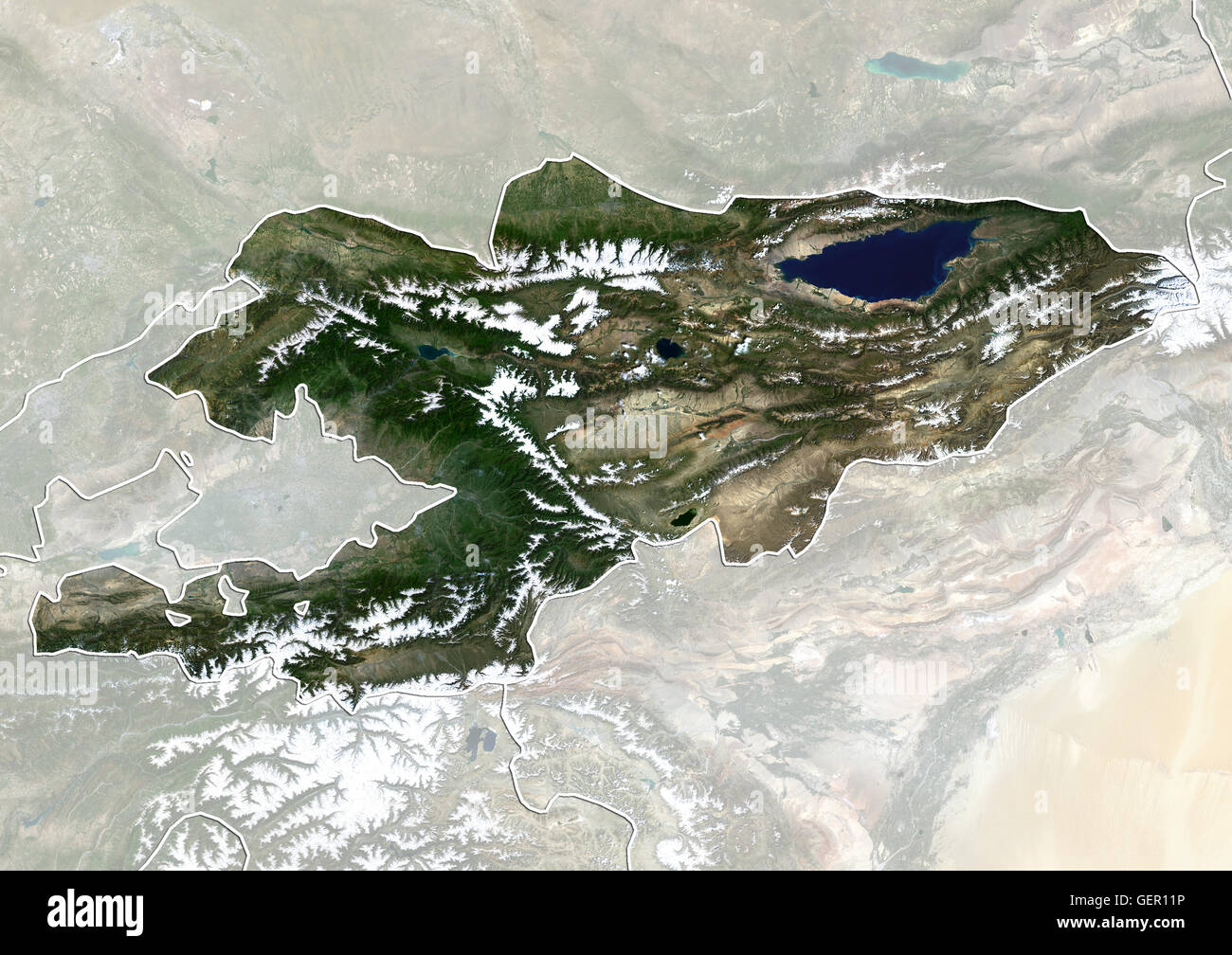 Vista satellitare del Kirghizistan (con confini tra paesi e maschera). Questa immagine è stata elaborata sulla base dei dati acquisiti dal satellite Landsat 8 satellite in 2014. Foto Stock
