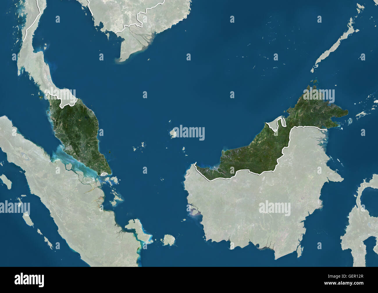 Vista satellitare della Malesia (con confini tra paesi e maschera). Questa immagine è stata elaborata sulla base dei dati acquisiti dai satelliti Landsat. Foto Stock