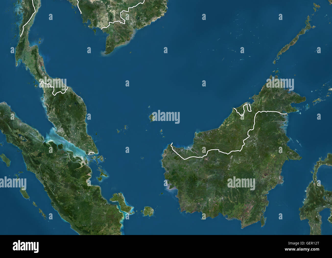 Vista satellitare della Malesia (con i confini del paese). Questa immagine è stata elaborata sulla base dei dati acquisiti dai satelliti Landsat. Foto Stock