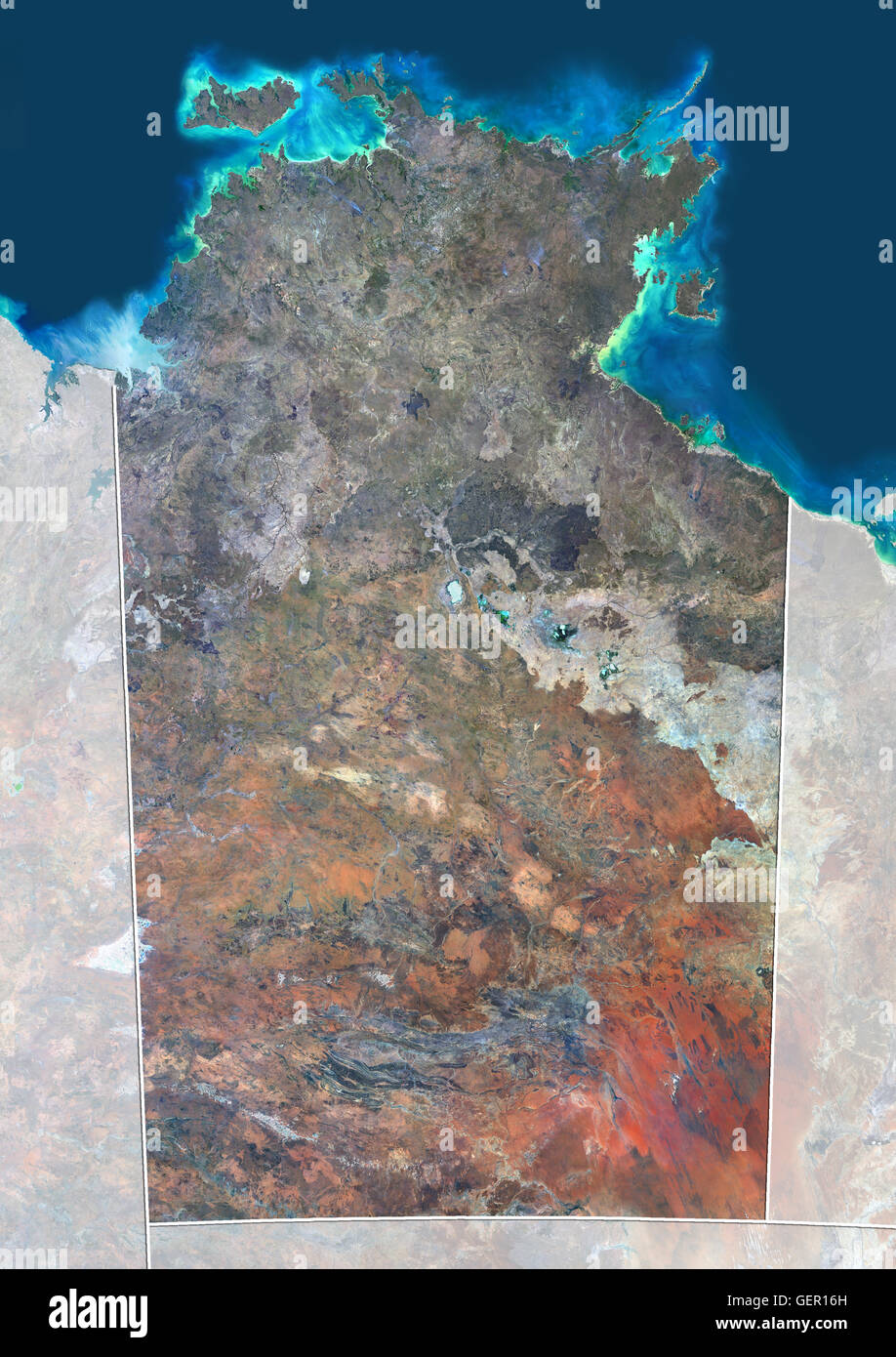 Vista satellitare del Territorio del Nord, l'Australia (con i confini amministrativi e maschera). Questa immagine è stata elaborata sulla base dei dati acquisiti dal satellite Landsat 8 satellite in 2014. Foto Stock