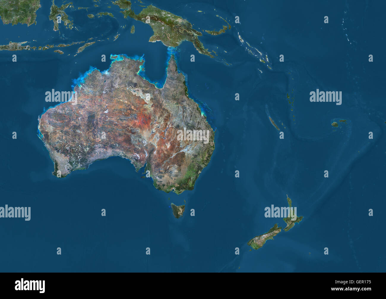Vista satellitare dell Oceania. Questa immagine è stata elaborata sulla base dei dati acquisiti dal satellite Landsat 7 & 8 satelliti. Foto Stock