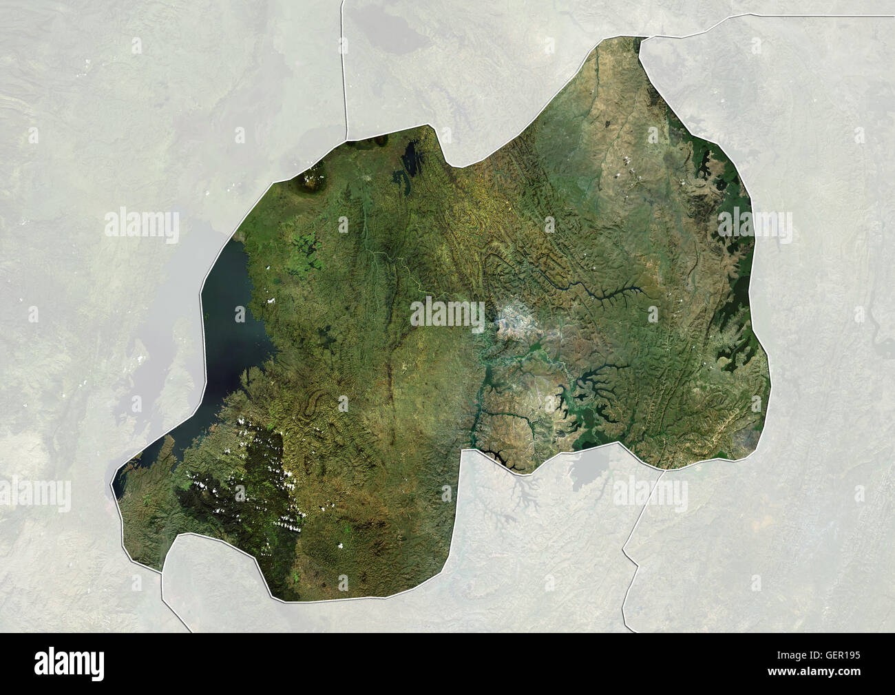 Vista satellitare del Ruanda (con confini tra paesi e maschera). Questa immagine è stata elaborata sulla base dei dati acquisiti dai satelliti Landsat. Foto Stock