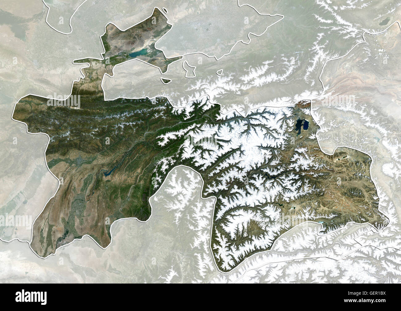 Vista satellitare del Tagikistan (con confini tra paesi e maschera). Questa immagine è stata elaborata sulla base dei dati acquisiti dal satellite Landsat 8 satellite in 2014. Foto Stock