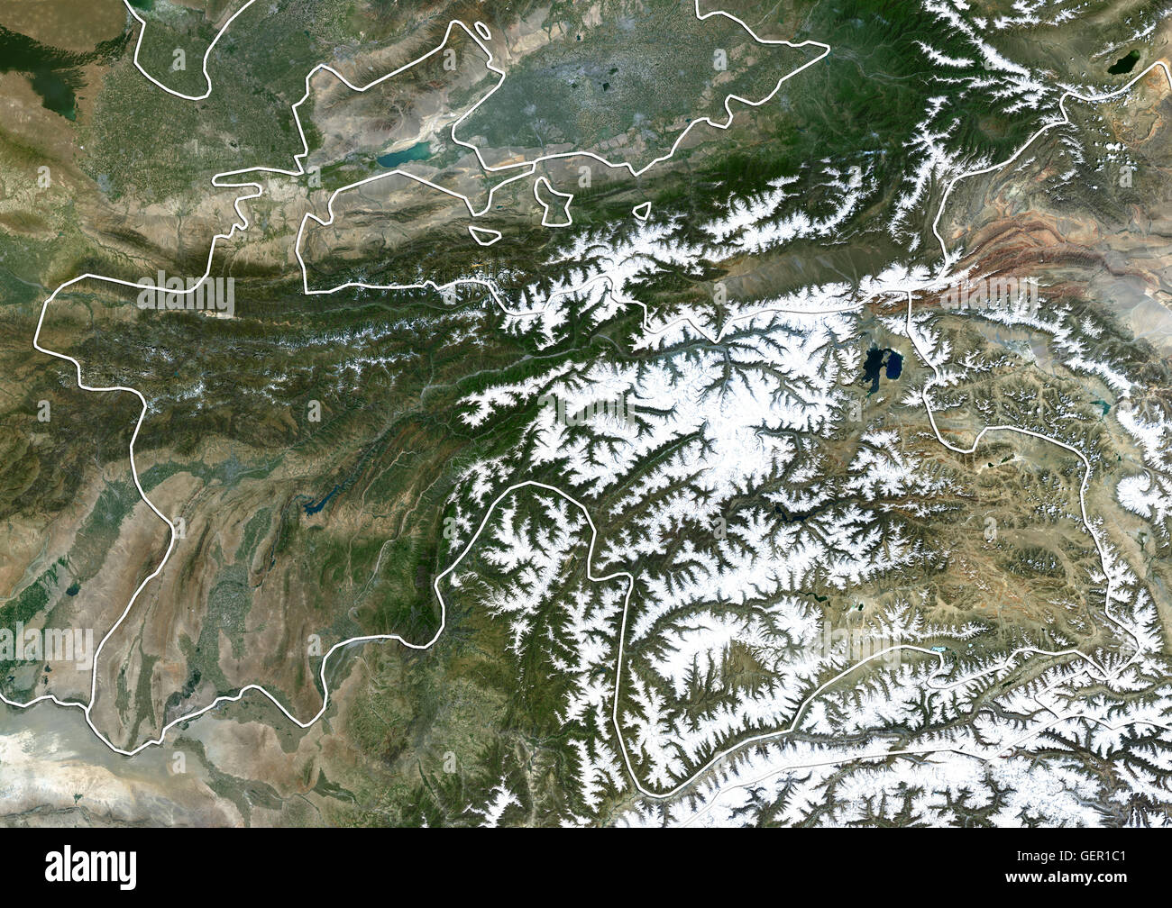 Vista satellitare del Tagikistan (con i confini del paese). Questa immagine è stata elaborata sulla base dei dati acquisiti dal satellite Landsat 8 satellite in 2014. Foto Stock