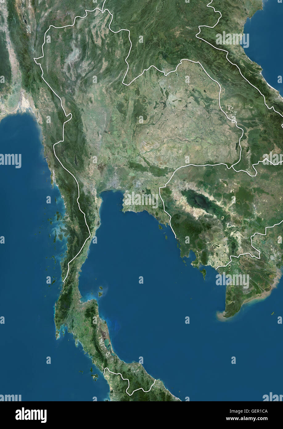 Vista satellitare della Thailandia (con i confini del paese). Questa immagine è stata elaborata sulla base dei dati acquisiti dai satelliti Landsat. Foto Stock