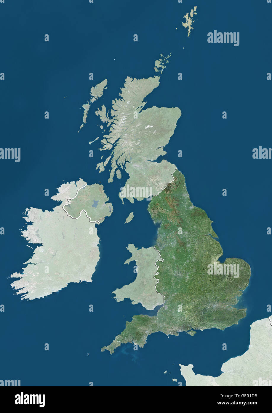 Vista satellitare del Regno Unito (con confini tra paesi e maschera). L'immagine evidenzia in Inghilterra nel Regno Unito. Questa immagine è stata elaborata sulla base dei dati acquisiti dai satelliti Landsat. Foto Stock
