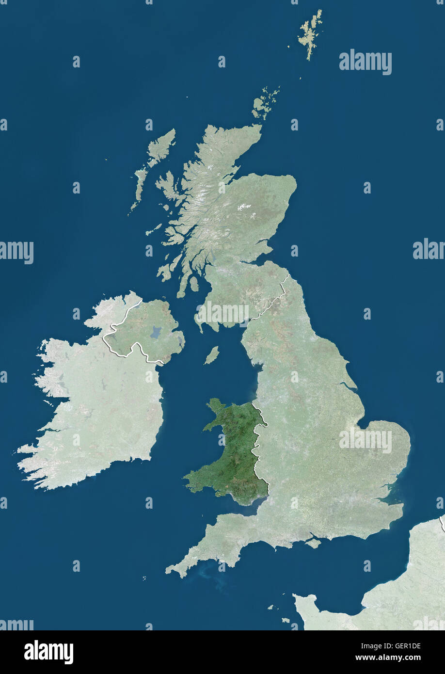 Vista satellitare del Galles, UK (con confini tra paesi e maschera). L'immagine evidenzia il Galles nel Regno Unito. Questa immagine è stata elaborata sulla base dei dati acquisiti dai satelliti Landsat. Foto Stock