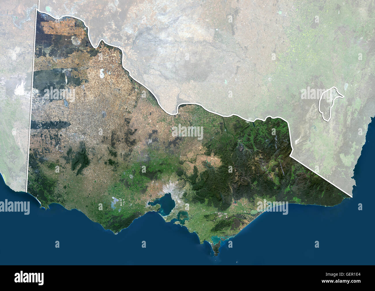Vista satellitare di Victoria, Australia (con i confini amministrativi e maschera). Questa immagine è stata elaborata sulla base dei dati acquisiti dal satellite Landsat 8 satellite in 2014. Foto Stock