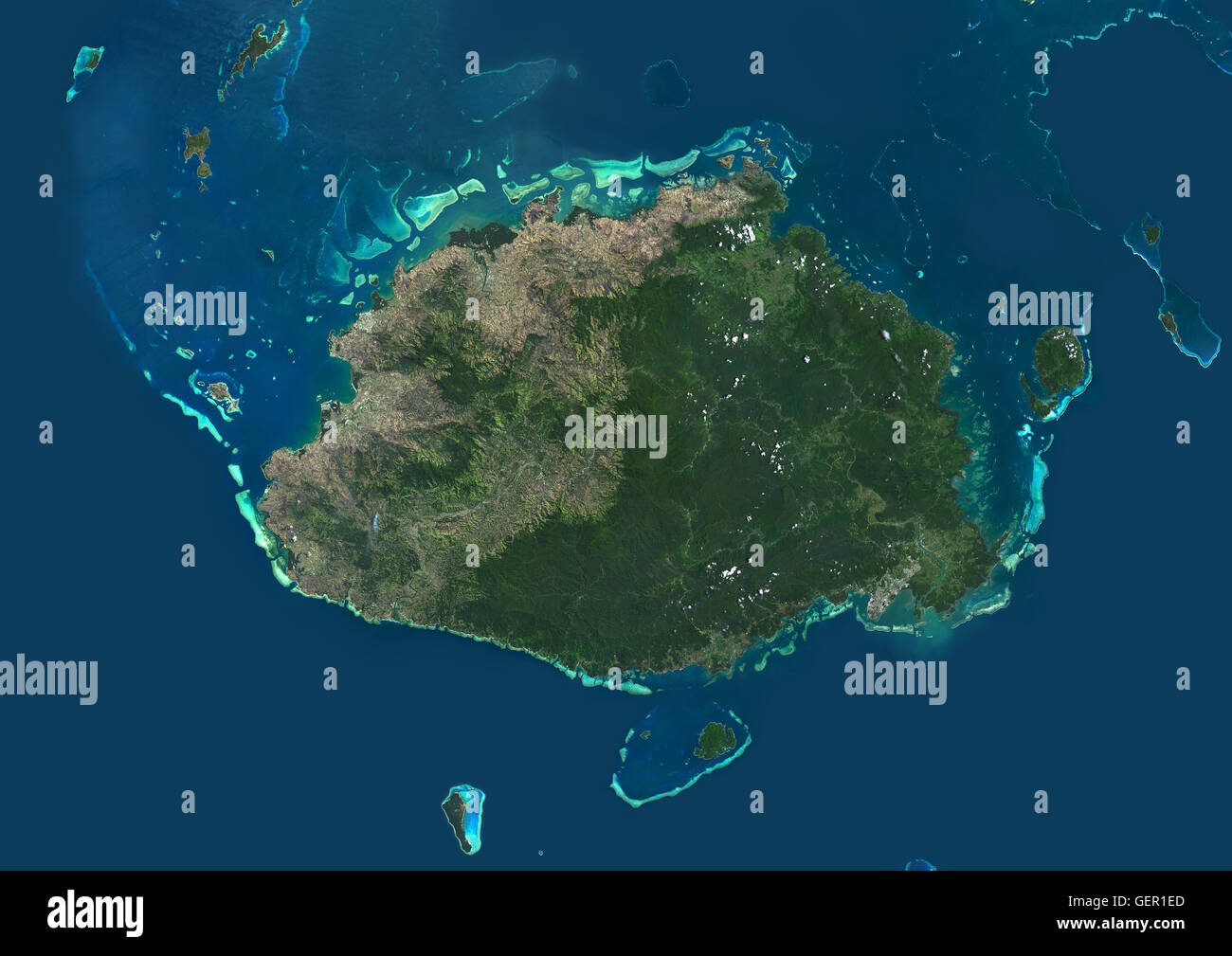 Vista satellitare dell'isola di Viti Levu, Fiji. Questa è la più grande isola della Repubblica delle Isole Figi e il sito della capitale della nazione, Suva. Questa immagine è stata elaborata sulla base dei dati acquisiti dal satellite Landsat 8 satellite in 2014. Foto Stock
