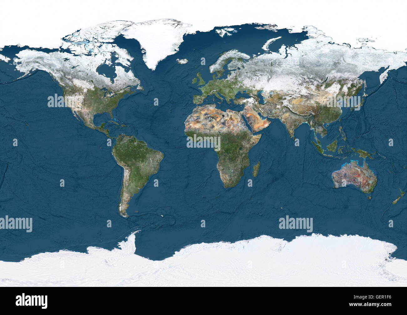 Mondo Mappa satellitare in inverno, con parziale copertura di neve e mostrando fondali oceanici. Questa immagine è stata elaborata sulla base dei dati acquisiti dal satellite Landsat 7 & 8 satelliti. Foto Stock