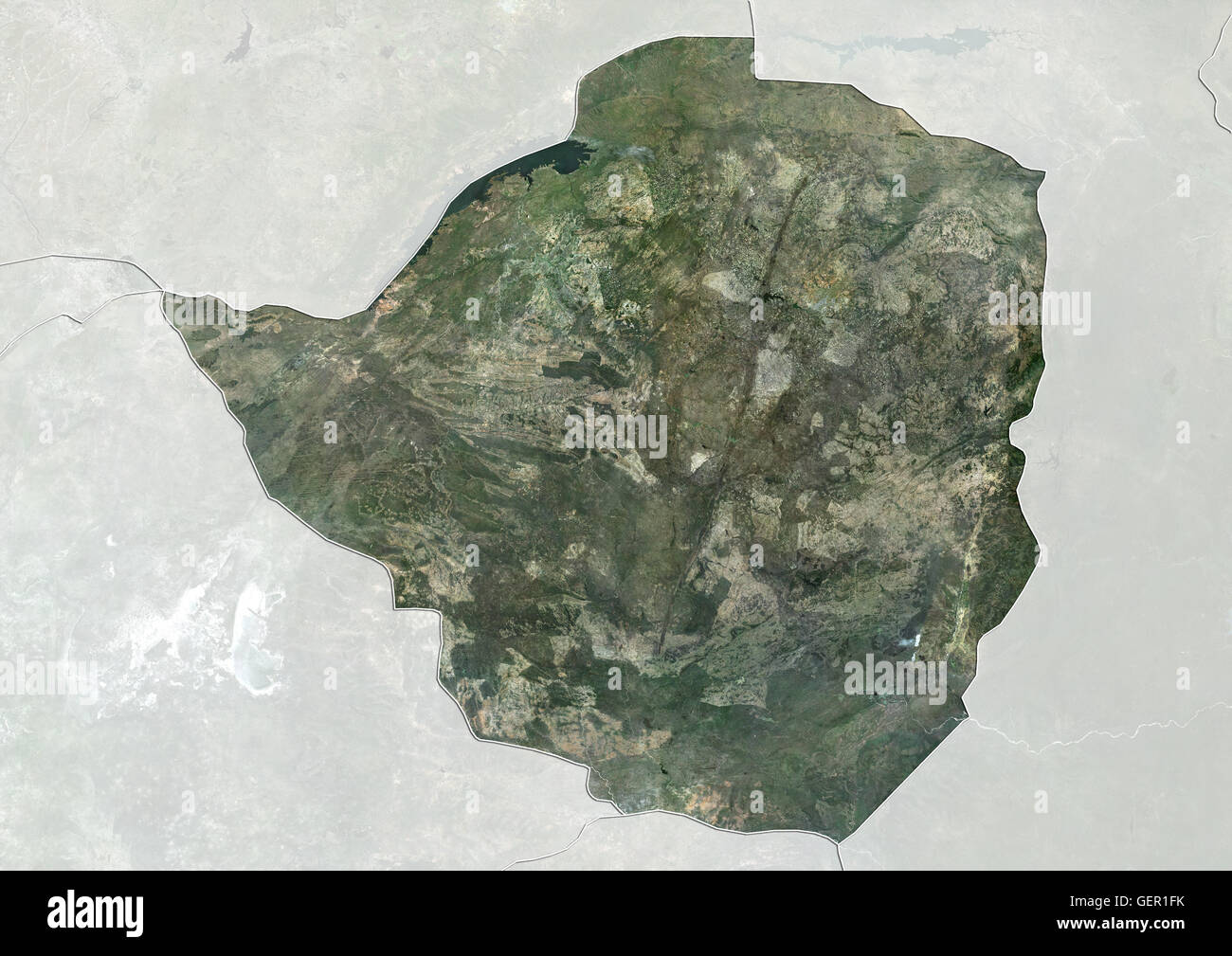 Vista satellitare dello Zimbabwe (con confini tra paesi e maschera). Questa immagine è stata elaborata sulla base dei dati acquisiti dai satelliti Landsat. Foto Stock