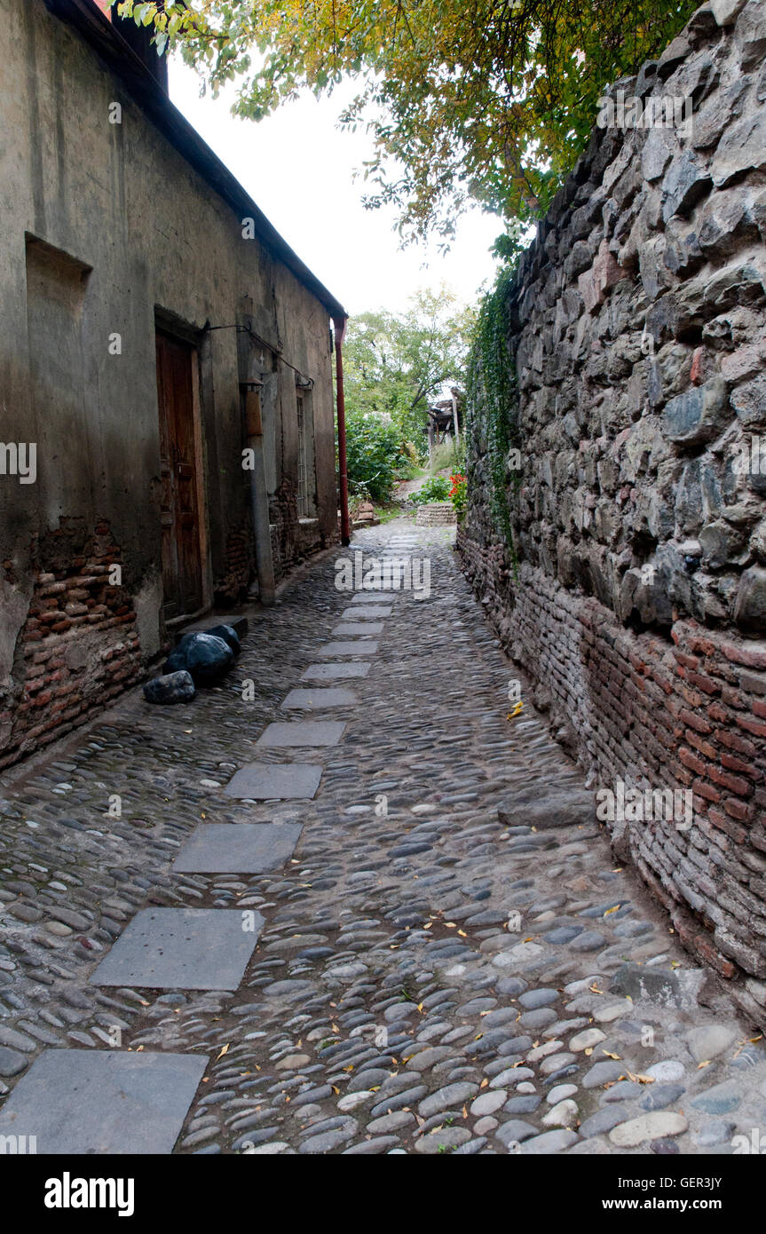 Stretto vicolo acciottolato incorniciato da mura rustiche in pietra e mattoni a Tbilisi, Georgia. Un simbolo dell'autentico patrimonio culturale e della tradizione georgiana Foto Stock