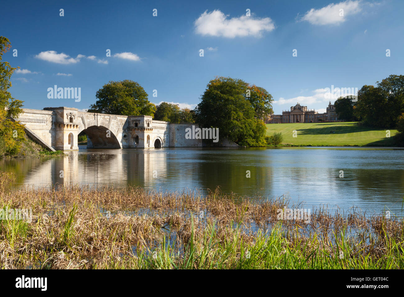 Guardando attraverso il lago creato da Lancelot Capability Brown accanto al Grand ponte verso il Palazzo di Blenheim e. Foto Stock