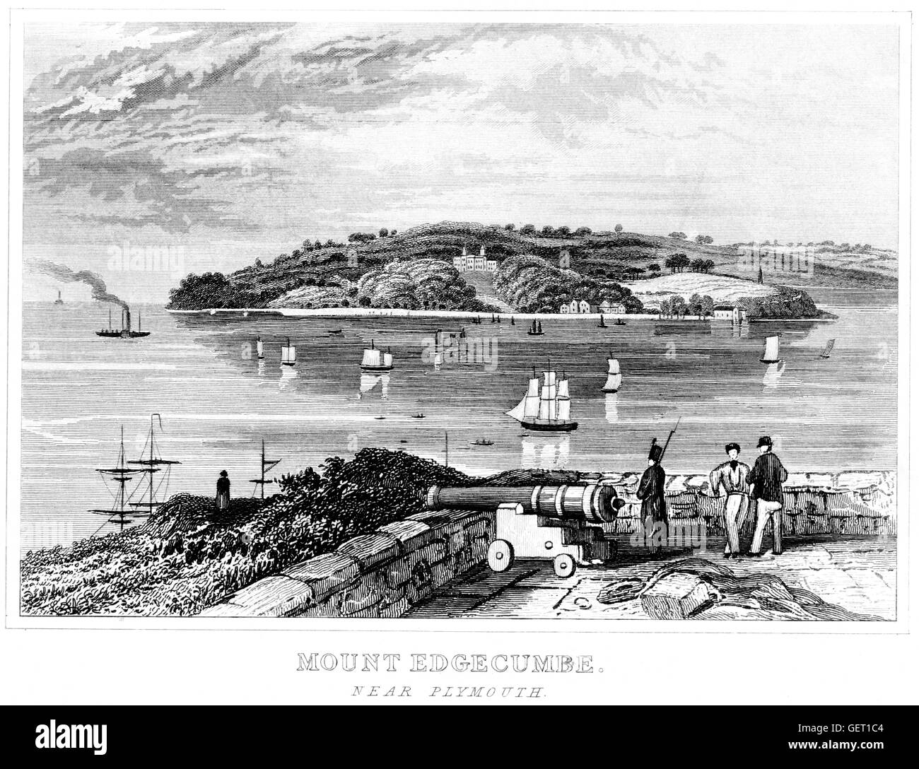 Un'incisione del Monte Edgecumbe (Edgcumbe) vicino a Plymouth scansionata ad alta risoluzione da un libro stampato nel 1846. Creduto libero da copyright. Foto Stock