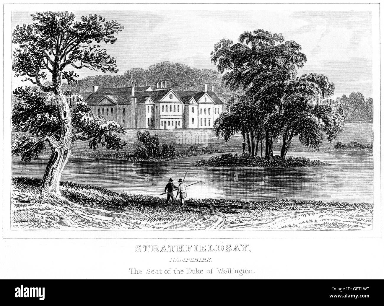 Una incisione di Strathfieldsay, Hampshire. La sede del duca di Wellington scansionati ad alta res. Da un libro stampato nel 1846. Foto Stock