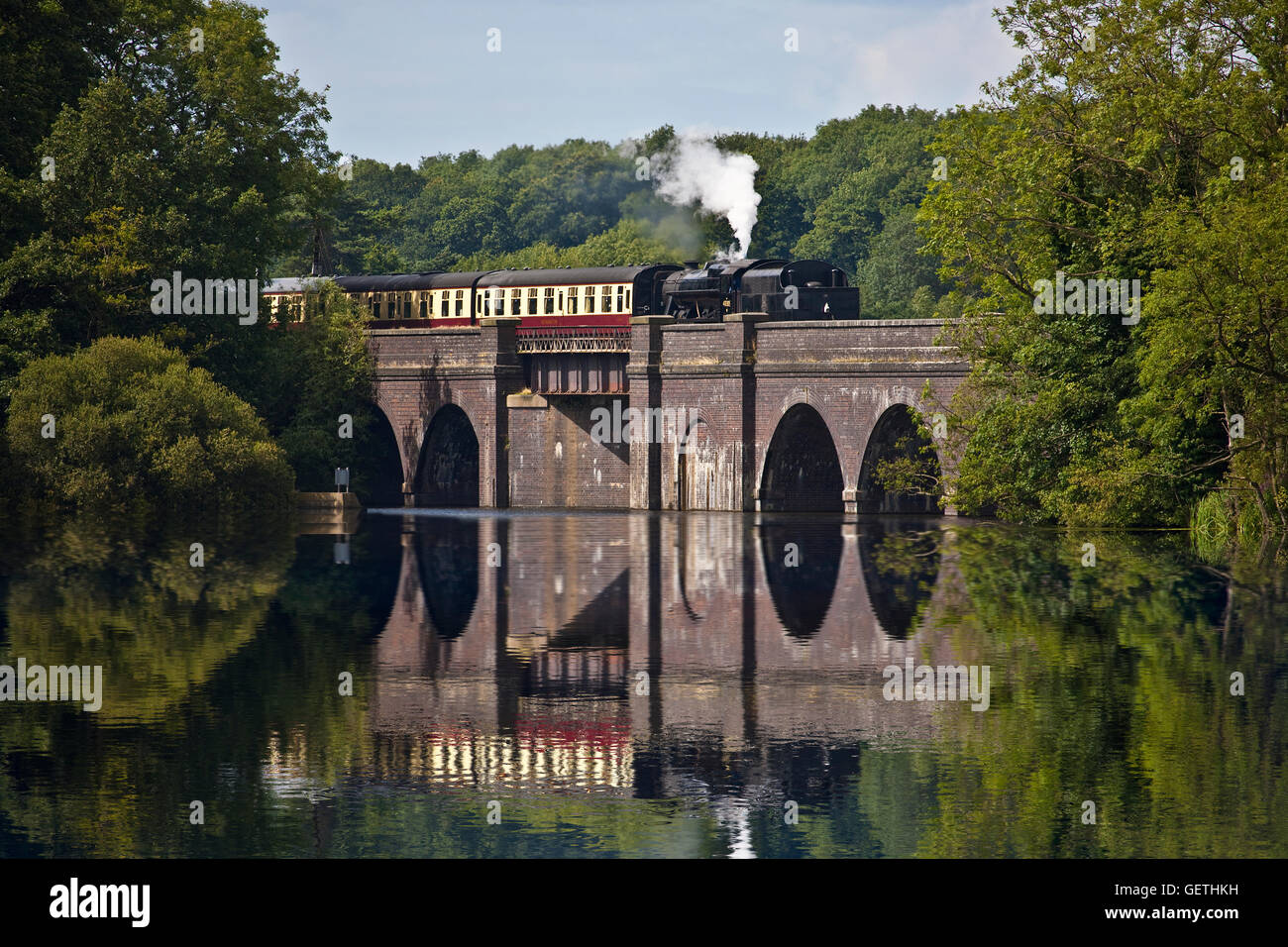Un treno a vapore sul serbatoio Swithlnd viadotto che è parte della Grande Stazione Centrale Ferroviaria nel Leicestershire. Foto Stock