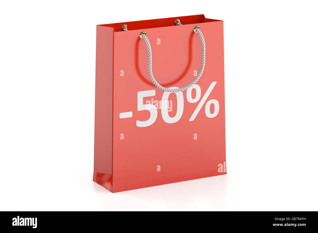 Shopping bag, la vendita e il concetto di sconto -50%. 3D rendering isolati su sfondo bianco Foto Stock
